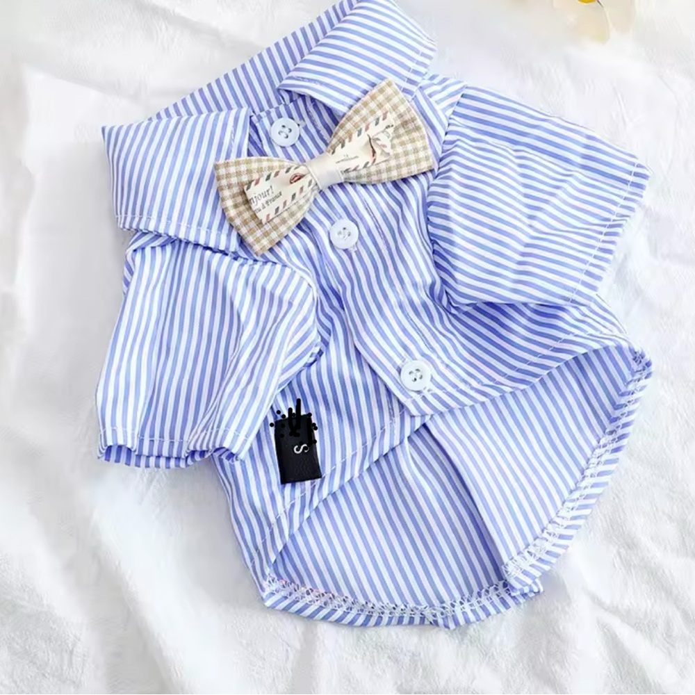 Striped Blue and White Pet Shirt with Bow Tie